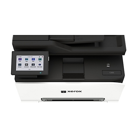 Draufsicht auf das Bedienfeld und Display eines weißen Xerox C305 Multifunktionsdruckers.