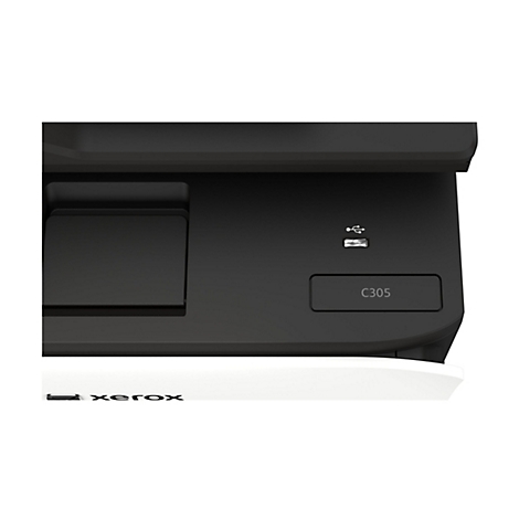Detailansicht eines schwarzen Xerox C305 Druckers mit USB-Anschluss und Modellschriftzug.