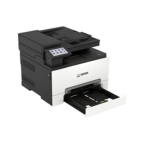 Xerox C305 Multifunktionsdrucker in Schwarz-Weiß mit ausgefahrenem Papierfach vor weißem Hintergrund.