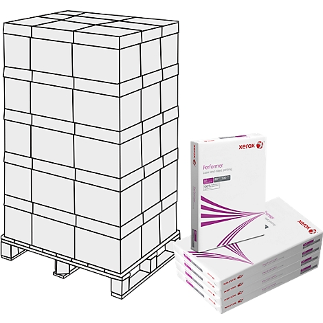 A stack of paper on a pallet. Next to it are more stacks of paper with the Xerox logo.