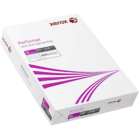 Een stapel wit papier, verpakking met Xerox-logo en productnaam Performer. Prints: A4, 80g, 500 vellen.