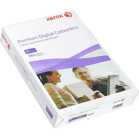 A package of Xerox paper with a purple illustration and a photo of two smiling people.