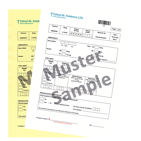 Two forms, one yellow, one white, with the word Sample. The white form shows logos of Tufnel-St. Hubbens LTD.