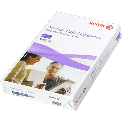 Paper package with print. People are depicted on the packaging, as well as the lettering "Premium Digital Carbonless".