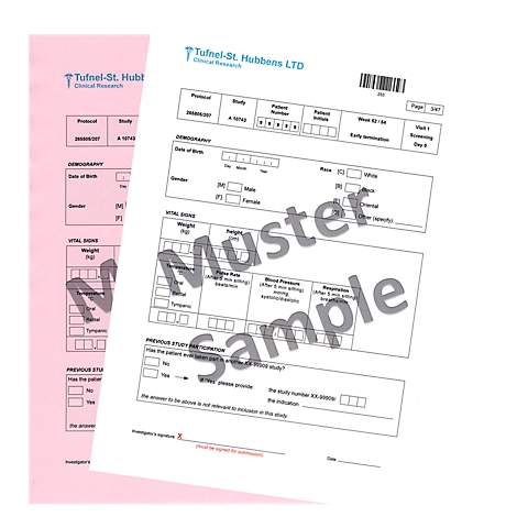 Two forms with imprints like Muster and Sample superimposed. The background is white, the left form is pink.