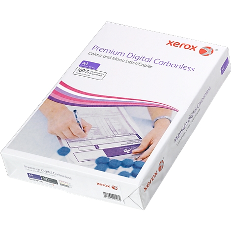 A box of Xerox Premium Digital Carbonless paper, showing hands filling out a form.