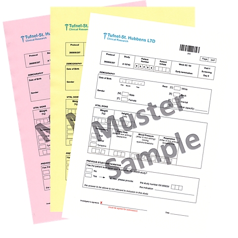 Three differently colored questionnaires, pink, yellow, and white, are lying on top of each other. The white form says "Muster Sample" in large letters.