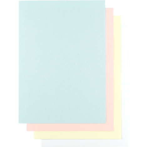 Several colored sheets of paper: light blue, pink, yellow, white. The sheets slightly overlap.