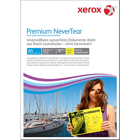A woman holds a yellow sign that says "FOR SALE", with boats in the background. The Xerox logo is in the top left.