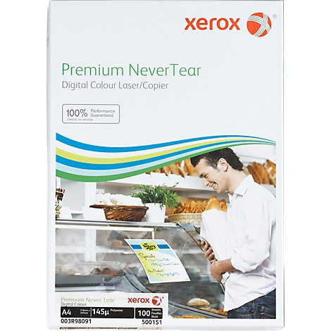 A man in a bakery shop looks at a sheet of paper with the text "Premium NeverTear" from Xerox.