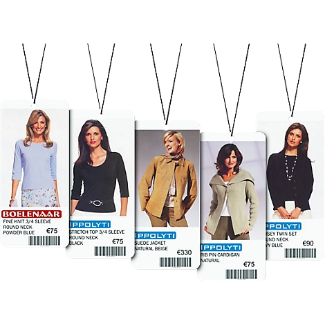 Various women in clothing hanging on price tags. Prices and product names are included in the image.