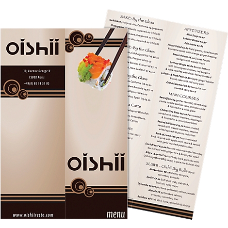 Three-panel menu with sushi, chopsticks, and 'oishii' logo. Opened, displaying menu details and dishes.