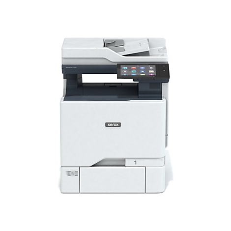 WeiÃŸer Drucker mit Touchscreen-Bedienfeld. Das Xerox-Logo ist sichtbar.