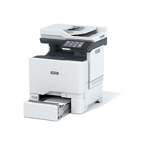 Ein weiÃŸer Xerox-Multifunktionsdrucker mit geÃ¶ffnetem Papierfach, schwarzem Touchscreen.