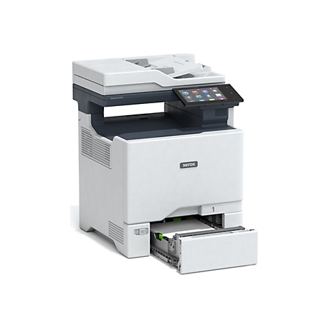 Ein weiÃŸer Xerox-Multifunktionsdrucker mit Touchscreen und geÃ¶ffnetem Papierfach.
