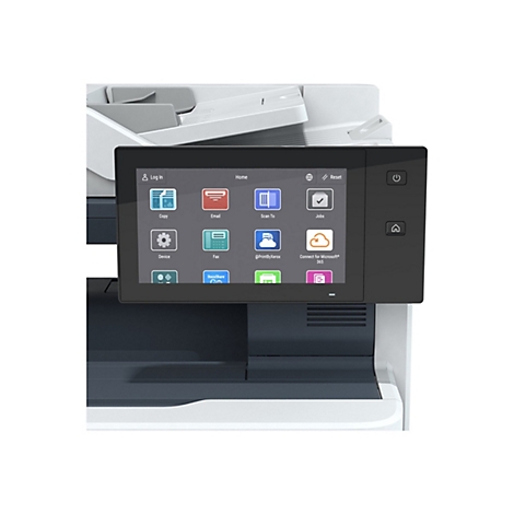 Drucker mit Touchscreen, zeigt Icons fÃ¼r Help, Email, Scan to und mehr. Power- und Home-Taste rechts.