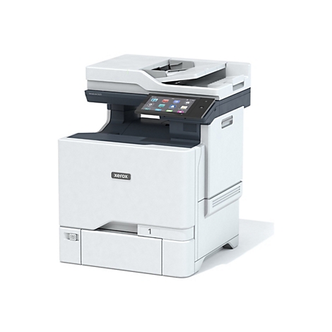 Ein weiÃŸer Xerox-Multifunktionsdrucker mit schwarzem Touchscreen-Display, die Zahl 1 ist auf dem Fach abgebildet.