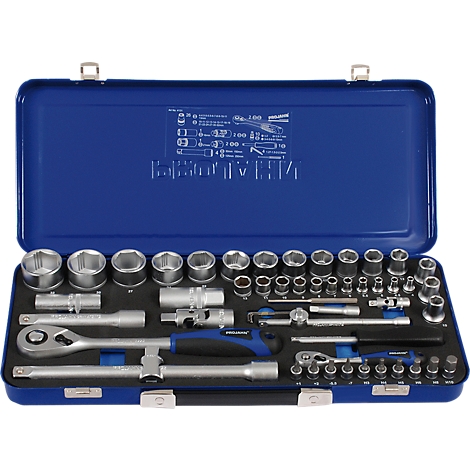 Blue toolbox set filled with various wrenches, sockets and accessories.