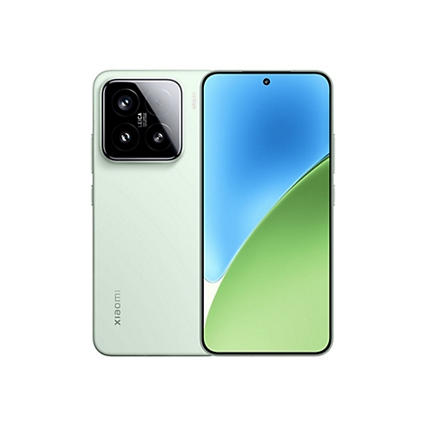 Hellgrünes Smartphone mit Leica-Kamera, weißer Hintergrund. Auf dem Display: Blau-grüner Farbverlauf.