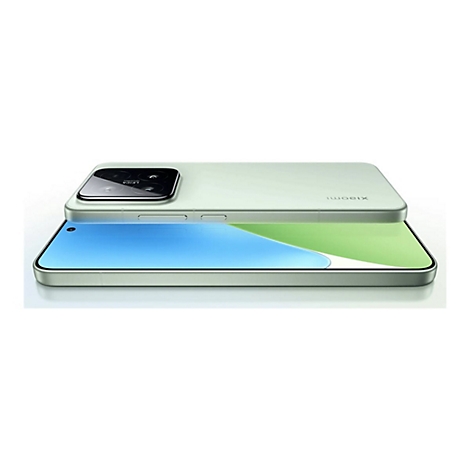 Ein hellgrünes Smartphone, das zur Hälfte geöffnet ist und die Vorder- und Rückseite zeigt. Das Display zeigt blau und grün.