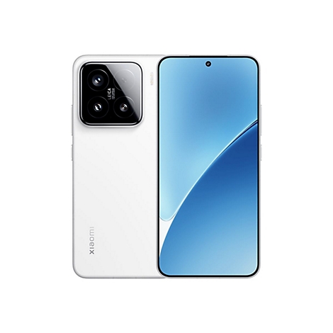Weißes Smartphone mit drei Kameras, Leica-Logo und blauem Bildschirm. Aufschrift: Xiaomi.