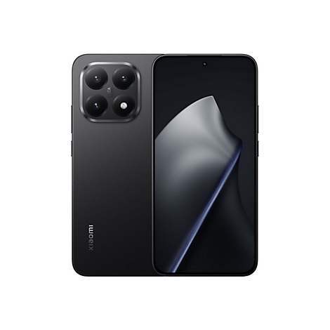 Schwarzes Smartphone, Rückseite mit vier Kameras und Leica-Logo, Vorderseite mit dynamischem Bildschirmhintergrund.