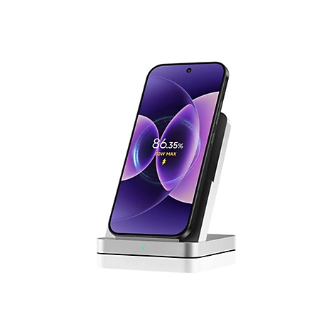 Smartphone lädt kabellos auf einer silber-weißen Ladestation mit violettem Display und 86,35 Prozent Ladestand.