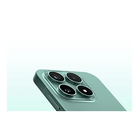 Nahaufnahme eines mintfarbenen Smartphones. Auf der Rückseite sind vier schwarze Kameraobjektive zu sehen, darunter der Schriftzug „Leica“.