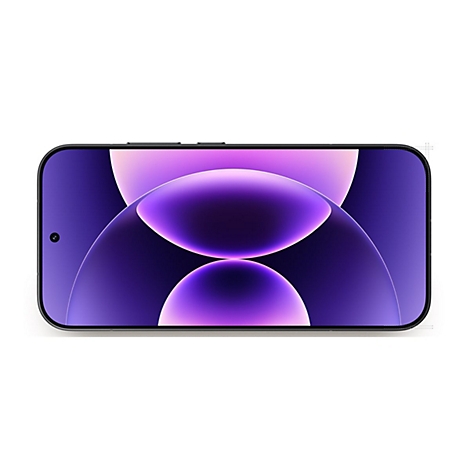 Ein schwarzes Smartphone mit einem abstrakten, violett leuchtenden Hintergrund auf dem Display.