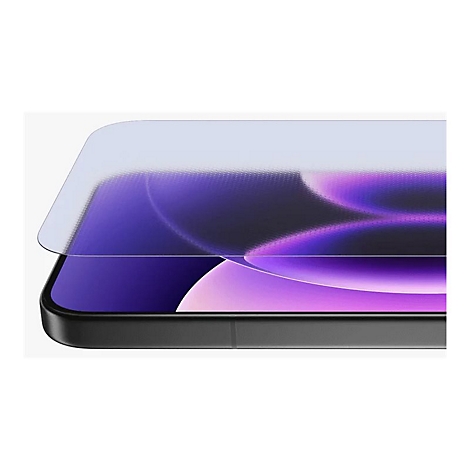 Nahaufnahme eines Smartphones, bei dem eine Displayschutzfolie leicht über dem Bildschirm angehoben ist.