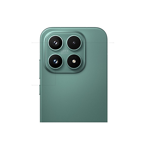 Detailaufnahme eines grünen Smartphones mit Leica-Kamera, Logo, 4 Objektiven.