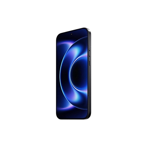 Ein schwarzes Smartphone in Nahaufnahme, Display mit blau-violettem Muster. An der Seite Knöpfe.