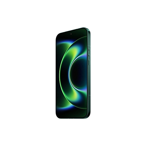Dunkelgrünes Smartphone mit leuchtendem, kreisförmigem, grün-blauem Displayhintergrund vor weißem Hintergrund.