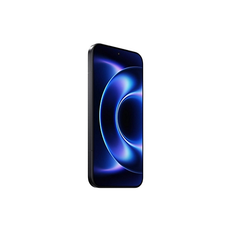 Schwarzes Smartphone im Profil, Bildschirm mit blauem, gewölbtem Hintergrund.
