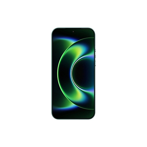 Grünes Smartphone auf weißem Hintergrund. Der Bildschirm zeigt ein abstraktes, hellgrünes Muster.