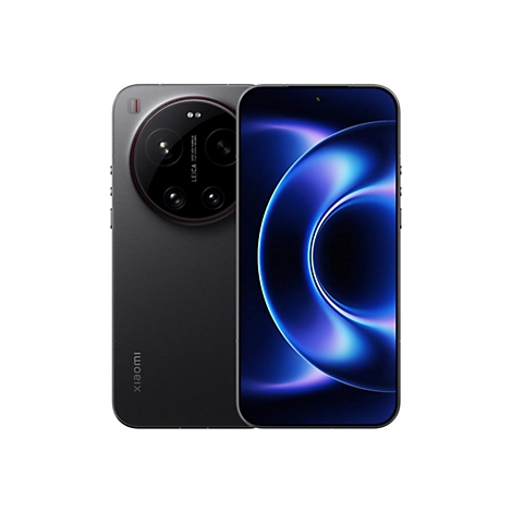 Dunkelgraues Smartphone mit Leica-Kamera, weißem Hintergrund. Die Vorderseite zeigt ein blau-violettes abstraktes Display.