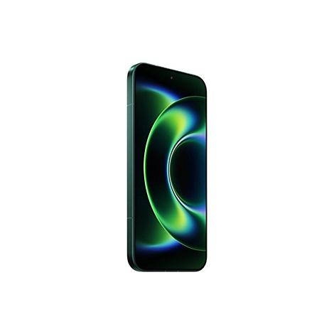 Grünes Smartphone, seitlich vor weißem Hintergrund. Der Bildschirm zeigt ein abstraktes, grünes Muster.
