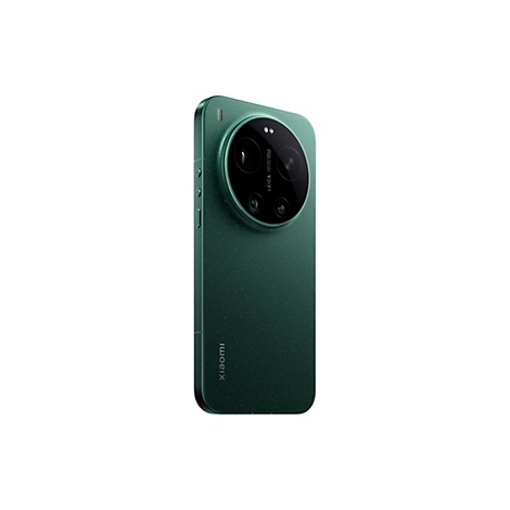 Rückansicht eines grünen Xiaomi-Smartphones mit markantem kreisförmigem Leica-Kameramodul auf weißem Hintergrund.