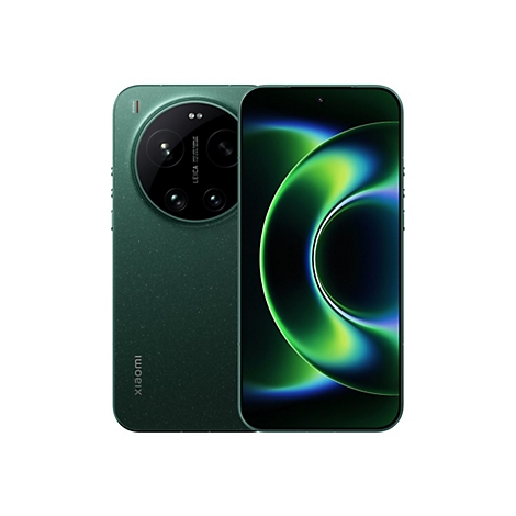 Dunkelgrünes Smartphone mit kreisförmigem Kameraobjektiv. Das Display zeigt eine grüne, abstrakte Grafik.