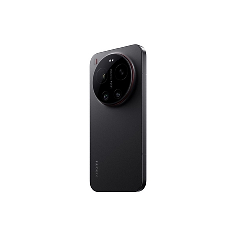 Schwarzes Smartphone im Dreiviertelprofil. Leica-Kamera, Xiaomi-Logo unten, roter Ring um die Kamera.