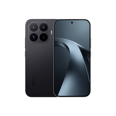 Schwarzes Xiaomi Smartphone mit Leica-Kameramodul und abstraktem Hintergrundbild auf dem Display.