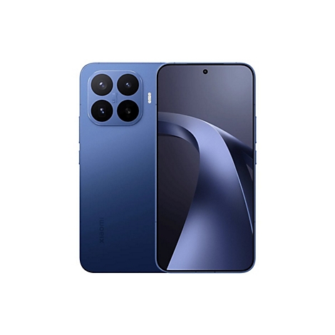 Blaues Xiaomi-Smartphone mit vier Kameramodulen auf der Rückseite vor weißem Hintergrund.