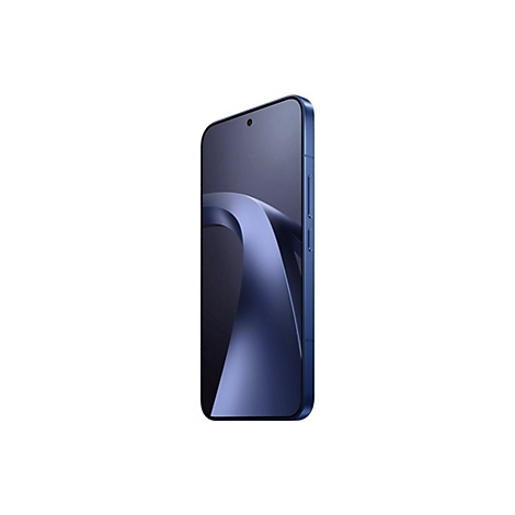 Dunkelblaues Smartphone in Seitenansicht vor weißem Hintergrund mit abstraktem Wellendesign auf dem Display.