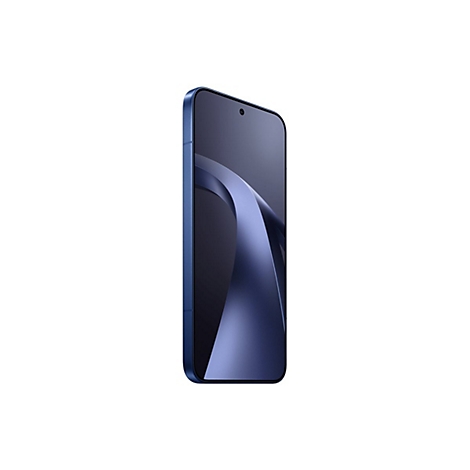 Blaues Smartphone in einer schrägen Ansicht vor einem weißen Hintergrund.