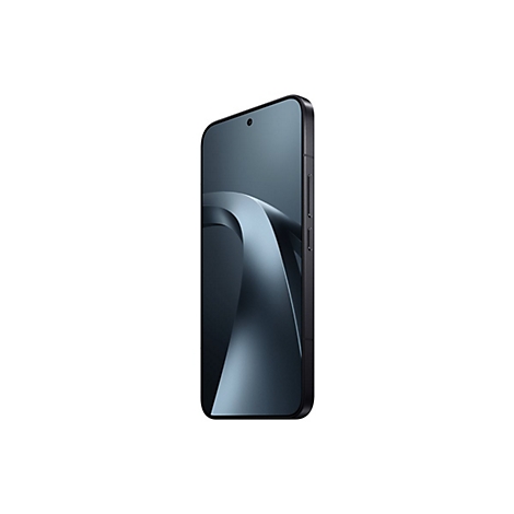 Schwarzes Smartphone in seitlicher Ansicht vor weißem Hintergrund mit abstraktem, blau-grauem Display-Design.
