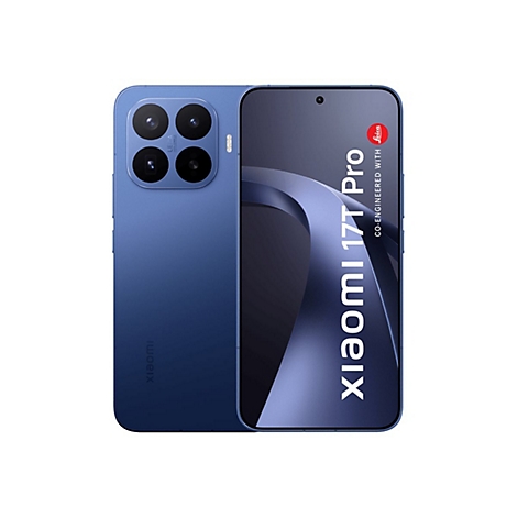Blaues Xiaomi 17T Pro Smartphone mit vier Rückkameras und Leica-Schriftzug auf weißem Hintergrund.