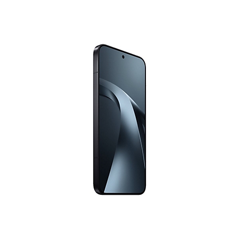 Schwarzes Smartphone mit schmalem Rahmen und abstraktem bläulich-grauen Displayhintergrund vor weißem Hintergrund.