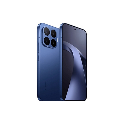 Blaues Xiaomi-Smartphone mit drei Kameraobjektiven und Leica-Schriftzug vor neutralem Hintergrund.