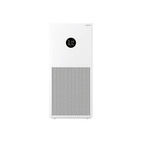 Weißer Xiaomi Luftreiniger mit rundem Display und gitterartiger Frontblende vor weißem Hintergrund.
