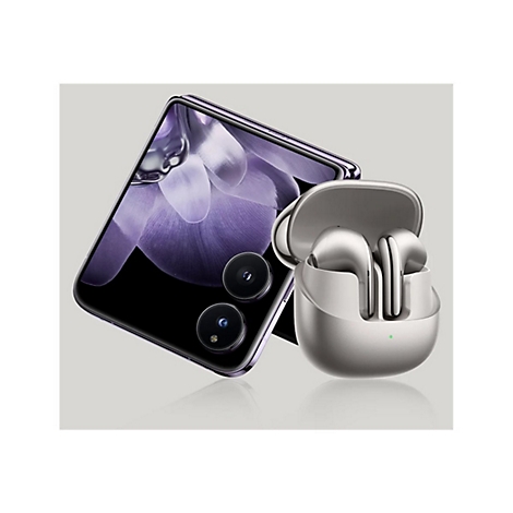 Smartphone mit lila Display und kreisfÃ¶rmigen Kameraobjektiven, neben silbernen In-Ear-KopfhÃ¶rern mit Ladecase.